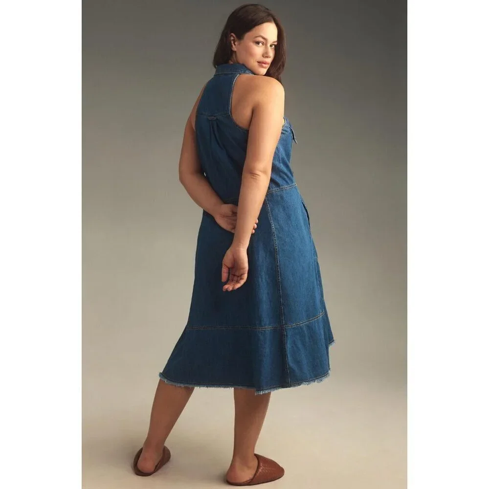 NWT Anthropologie Pilcro Sleeveless Halter Swing Midi Dress 2X Denim Blue - Picture 2 of 8